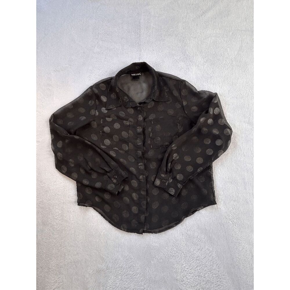 Wet Seal Sheer Long Sleeve Black w/ Silver Polka Dot Button Down Shirt Size M